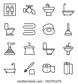 thin line icon set : wc, water tap, sink, bath, toilet, towel, soap, plunger, hanger, brush, paper