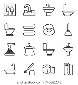 thin line icon set : wc, water tap, sink, bath, toilet, towel, soap, plunger, hanger, brush, paper