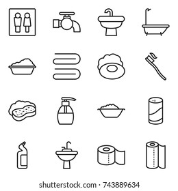 thin line icon set : wc, water tap, sink, bath, washing, towel, soap, tooth brush, sponge with foam, liquid, basin, cleanser powder, toilet, paper