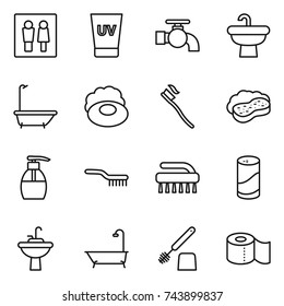 thin line icon set : wc, uv cream, water tap, sink, bath, soap, tooth brush, sponge with foam, liquid, cleanser powder, toilet, paper