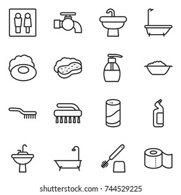 thin line icon set : wc, water tap, sink, bath, soap, sponge with foam, liquid, basin, brush, cleanser powder, toilet, paper