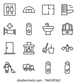 thin line icon set : wc, hangare, plan, hotel, hospital, do not distrub, sink, dresser, door, fireplace, bucket and broom, hard reach place cleaning, brooming, home call, please clean