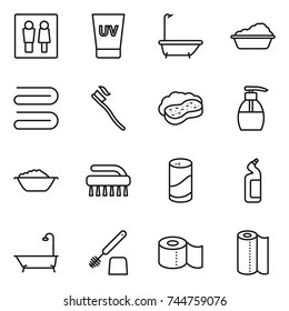 thin line icon set : wc, uv cream, bath, washing, towel, tooth brush, sponge with foam, liquid soap, basin, cleanser powder, toilet, paper