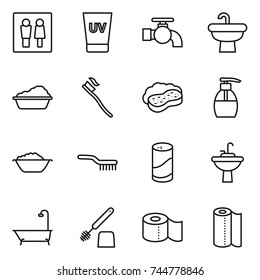 thin line icon set : wc, uv cream, water tap, sink, washing, tooth brush, sponge with foam, liquid soap, basin, cleanser powder, bath, toilet, paper, towel