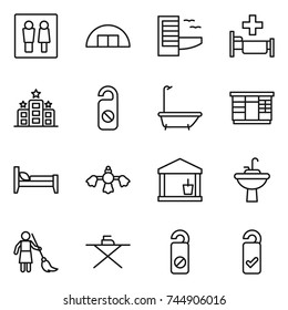 thin line icon set : wc, hangare, hotel, hospital, do not distrub, bath, wardrobe, bed, hard reach place cleaning, utility room, water tap sink, brooming, iron board, please clean