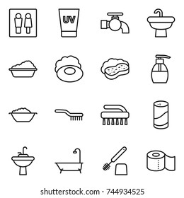 thin line icon set : wc, uv cream, water tap, sink, washing, soap, sponge with foam, liquid, basin, brush, cleanser powder, bath, toilet, paper