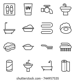 thin line icon set : wc, uv cream, water tap, sink, bath, washing, towel, soap, sponge with foam, basin, brush, cleanser powder, paper