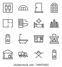 thin line icon set : wc, hangare, door, arch window, plan, hotel, hospital, do not distrub, bath, wardrobe, fireplace, utility room, home call cleaning, iron board