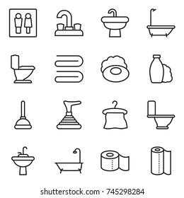 thin line icon set : wc, water tap, sink, bath, toilet, towel, soap, shampoo, plunger, hanger, paper