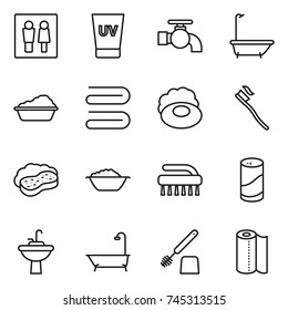 thin line icon set : wc, uv cream, water tap, bath, washing, towel, soap, tooth brush, sponge with foam, basin, cleanser powder, sink, toilet, paper