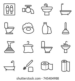thin line icon set : wc, water tap, sink, bath, toilet, soap, shampoo, plunger, hanger, brush, paper, towel