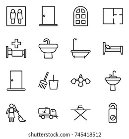 thin line icon set : wc, door, arch window, plan, hospital, sink, bath, bed, bucket and broom, hard reach place cleaning, water tap, brooming, home call, iron board, do not distrub