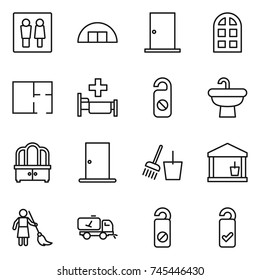 thin line icon set : wc, hangare, door, arch window, plan, hospital, do not distrub, sink, dresser, bucket and broom, utility room, brooming, home call cleaning, please clean