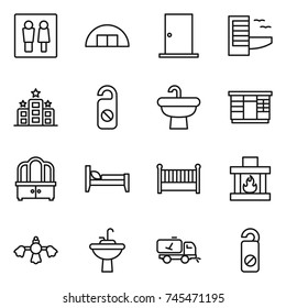 thin line icon set : wc, hangar, door, hotel, do not distrub, sink, wardrobe, dresser, bed, crib, fireplace, hard reach place cleaning, water tap, home call