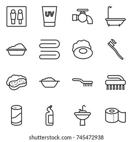 thin line icon set : wc, uv cream, water tap, bath, washing, towel, soap, tooth brush, sponge with foam, basin, cleanser powder, toilet, sink, paper