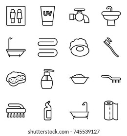 thin line icon set : wc, uv cream, water tap, sink, bath, towel, soap, tooth brush, sponge with foam, liquid, basin, toilet cleanser, paper