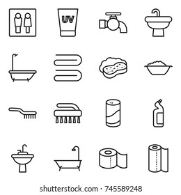 thin line icon set : wc, uv cream, water tap, sink, bath, towel, sponge with foam, basin, brush, cleanser powder, toilet, paper