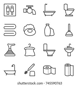 thin line icon set : wc, water tap, bath, toilet, towel, soap, shampoo, plunger, hanger, sink, brush, paper