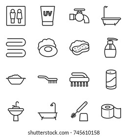 thin line icon set : wc, uv cream, water tap, bath, towel, soap, sponge with foam, liquid, basin, brush, cleanser powder, sink, toilet, paper