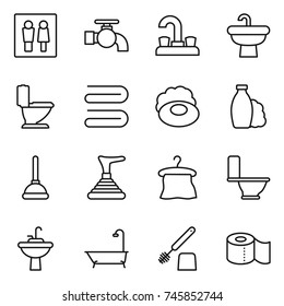 thin line icon set : wc, water tap, sink, toilet, towel, soap, shampoo, plunger, hanger, bath, brush, paper