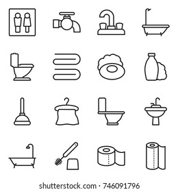 thin line icon set : wc, water tap, bath, toilet, towel, soap, shampoo, plunger, hanger, sink, brush, paper