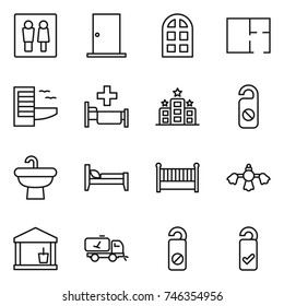 thin line icon set : wc, door, arch window, plan, hotel, hospital, do not distrub, sink, bed, crib, hard reach place cleaning, utility room, home call, please clean