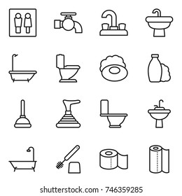 thin line icon set : wc, water tap, sink, bath, toilet, soap, shampoo, plunger, brush, paper, towel
