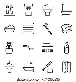 thin line icon set : wc, uv cream, sink, bath, washing, towel, tooth brush, sponge with foam, liquid soap, toilet cleanser, water tap, paper