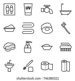 thin line icon set : wc, uv cream, water tap, bath, washing, towel, soap, tooth brush, sponge with foam, liquid, basin, sink, toilet, paper