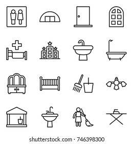 thin line icon set : wc, hangare, door, arch window, hospital, hotel, sink, bath, dresser, crib, bucket and broom, hard reach place cleaning, utility room, water tap, brooming, iron board