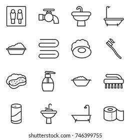 thin line icon set : wc, water tap, sink, bath, washing, towel, soap, tooth brush, sponge with foam, liquid, basin, cleanser powder, toilet paper