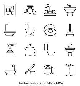 thin line icon set : wc, water tap, sink, bath, toilet, soap, plunger, hanger, brush, paper, towel