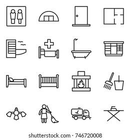 thin line icon set : wc, hangare, door, plan, hotel, hospital, bath, wardrobe, bed, crib, fireplace, bucket and broom, hard reach place cleaning, brooming, home call, iron board