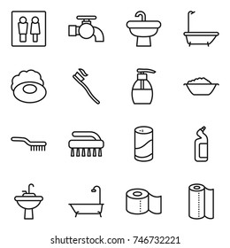 thin line icon set : wc, water tap, sink, bath, soap, tooth brush, liquid, foam basin, cleanser powder, toilet, paper, towel
