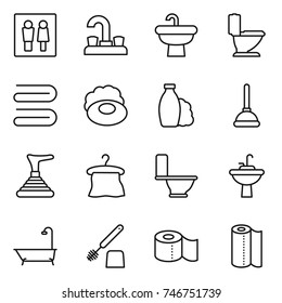thin line icon set : wc, water tap, sink, toilet, towel, soap, shampoo, plunger, hanger, bath, brush, paper