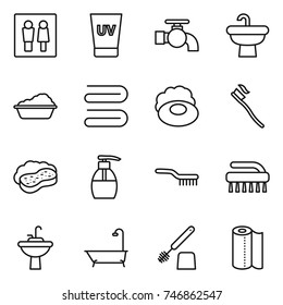 thin line icon set : wc, uv cream, water tap, sink, washing, towel, soap, tooth brush, sponge with foam, liquid, bath, toilet, paper