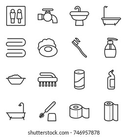 thin line icon set : wc, water tap, sink, bath, towel, soap, tooth brush, liquid, foam basin, cleanser powder, toilet, paper