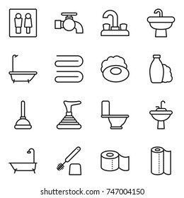 thin line icon set : wc, water tap, sink, bath, towel, soap, shampoo, plunger, toilet, brush, paper