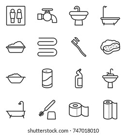 thin line icon set : wc, water tap, sink, bath, washing, towel, tooth brush, sponge with foam, basin, cleanser powder, toilet, paper