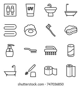thin line icon set : wc, uv cream, sink, bath, towel, soap, tooth brush, sponge with foam, liquid, cleanser powder, toilet, paper