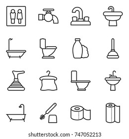 thin line icon set : wc, water tap, sink, bath, toilet, shampoo, plunger, hanger, brush, paper, towel