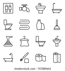 thin line icon set : wc, water tap, sink, bath, toilet, towel, shampoo, plunger, hanger, brush, paper