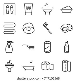 thin line icon set : wc, uv cream, sink, washing, towel, soap, tooth brush, sponge with foam, liquid, cleanser powder, toilet, water tap, bath, paper