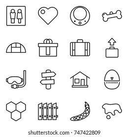 thin line icon set : wc, heart, necklace, bone, greenhouse, hi quality package, suitcase, baggage, diving mask, signpost, home, egg timer, honeycombs, fence, peas, spot
