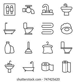 thin line icon set : wc, water tap, sink, bath, toilet, towel, soap, shampoo, plunger, hanger, paper