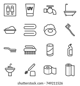 thin line icon set : wc, uv cream, water tap, bath, washing, towel, soap, tooth brush, cleanser powder, toilet, sink, paper