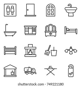 thin line icon set : wc, door, arch window, sink, bath, wardrobe, dresser, bed, crib, fireplace, bucket and broom, hard reach place cleaning, utility room, home call, iron board, please clean