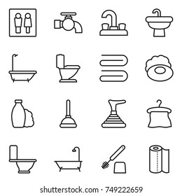 thin line icon set : wc, water tap, sink, bath, toilet, towel, soap, shampoo, plunger, hanger, brush, paper