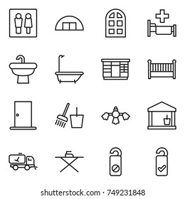thin line icon set : wc, hangare, arch window, hospital, sink, bath, wardrobe, crib, door, bucket and broom, hard reach place cleaning, utility room, home call, iron board, do not distrub