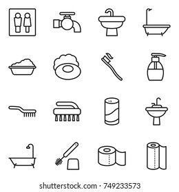 thin line icon set : wc, water tap, sink, bath, washing, soap, tooth brush, liquid, cleanser powder, toilet, paper, towel